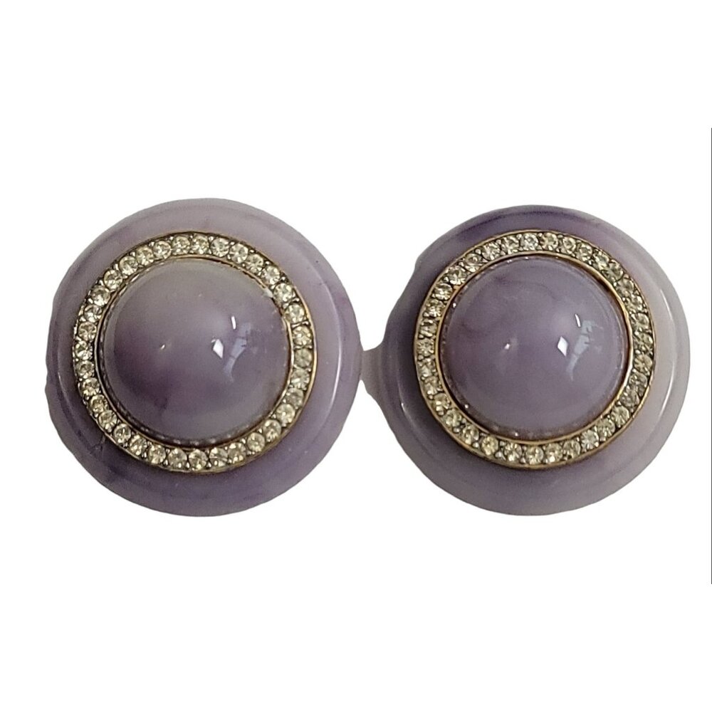 Purple Marbled Plastic Domed Rhinestone Clip-On Earrings